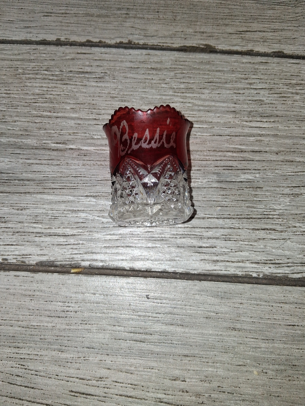 Red and Clear Etched Glass Toothpick Holder - Unbranded